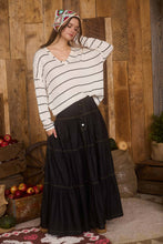 Load image into Gallery viewer, STRIPE V NECK DROP SHOULDER LONG SLEEVE KNIT TOP: CREAM