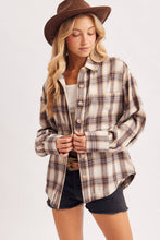 Load image into Gallery viewer, BUTTON DOWN FLANNEL PLAID SHIRT TOP: IVORY/BROWN