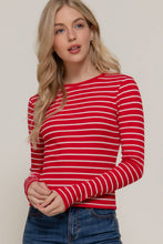 Load image into Gallery viewer, Long Sleeve Crew Neck Yarn Dyed Stripe Knit Top: WHT-WHITE/BLACK / L