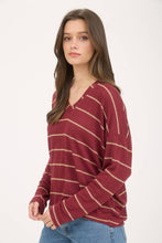 Load image into Gallery viewer, STRIPE V NECK DROP SHOULDER LONG SLEEVE KNIT TOP: CREAM