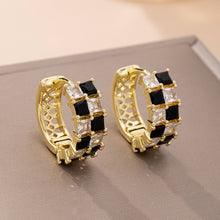 Load image into Gallery viewer, Checker Black & Crystal Baguette Hoop Earrings | GOLD