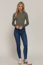 Load image into Gallery viewer, Long Sleeve Crew Neck Yarn Dyed Stripe Knit Top: WHT-WHITE/BLACK / L