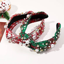 Load image into Gallery viewer, PLAID PEARL BEADED WIDE KNOTTED HEADBAND | Red