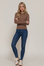 Load image into Gallery viewer, Long Sleeve Crew Neck Yarn Dyed Stripe Knit Top: WHT-WHITE/BLACK / L