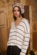 Load image into Gallery viewer, STRIPE V NECK DROP SHOULDER LONG SLEEVE KNIT TOP: CREAM