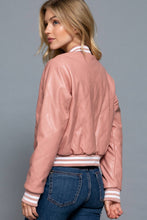 Load image into Gallery viewer, Long Sleeve Quilted PU Faux Leather Bomber Jacket: BLK-black / M