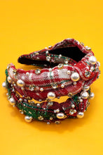 Load image into Gallery viewer, PLAID PEARL BEADED WIDE KNOTTED HEADBAND | Red