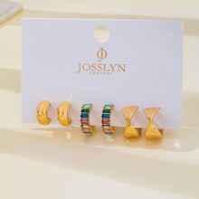 Load image into Gallery viewer, Multi Colored Baguette Twisted Hoop Trio Earring | GOLD