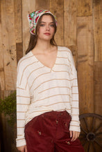 Load image into Gallery viewer, STRIPE V NECK DROP SHOULDER LONG SLEEVE KNIT TOP: CREAM