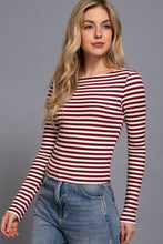Load image into Gallery viewer, Long Sleeve Boat Neck Stripe Brushed Rib Top: BLK-black/cream / M