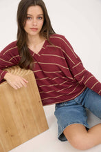 Load image into Gallery viewer, STRIPE V NECK DROP SHOULDER LONG SLEEVE KNIT TOP: CREAM