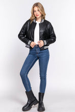 Load image into Gallery viewer, Long Sleeve Quilted PU Faux Leather Bomber Jacket: BLK-black / M