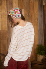 Load image into Gallery viewer, STRIPE V NECK DROP SHOULDER LONG SLEEVE KNIT TOP: CREAM