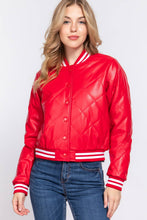 Load image into Gallery viewer, Long Sleeve Quilted PU Faux Leather Bomber Jacket: BLK-black / M