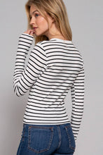 Load image into Gallery viewer, Long Sleeve Crew Neck Yarn Dyed Stripe Knit Top: WHT-WHITE/BLACK / L