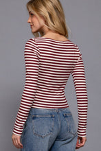 Load image into Gallery viewer, Long Sleeve Boat Neck Stripe Brushed Rib Top: BLK-black/cream / S