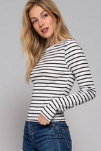 Load image into Gallery viewer, Long Sleeve Crew Neck Yarn Dyed Stripe Knit Top: WHT-WHITE/BLACK / L