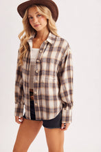 Load image into Gallery viewer, BUTTON DOWN FLANNEL PLAID SHIRT TOP: IVORY/BROWN