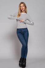 Load image into Gallery viewer, Long Sleeve Crew Neck Yarn Dyed Stripe Knit Top: WHT-WHITE/BLACK / S