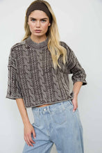 Load image into Gallery viewer, WASHED 3/4 SLEEVE TURTLENECK CABLE KNIT PULLOVER: DARK BROWN
