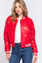 Load image into Gallery viewer, Long Sleeve Quilted PU Faux Leather Bomber Jacket: BLK-black / M