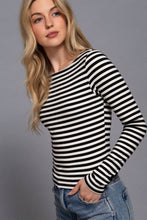 Load image into Gallery viewer, Long Sleeve Boat Neck Stripe Brushed Rib Top: BLK-black/cream / M