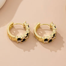 Load image into Gallery viewer, Checker Black & Crystal Baguette Hoop Earrings | GOLD