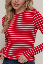Load image into Gallery viewer, Long Sleeve Crew Neck Yarn Dyed Stripe Knit Top: WHT-WHITE/BLACK / L