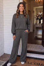 Load image into Gallery viewer, LAS-LIVE Cozy Striped Crew Neck Pocketed Pants Set (S-XL): Brown Stripe / S