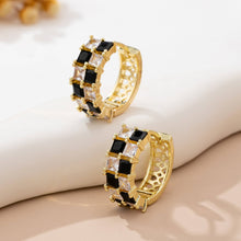 Load image into Gallery viewer, Checker Black & Crystal Baguette Hoop Earrings | GOLD