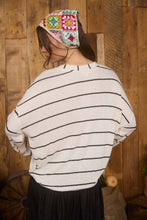 Load image into Gallery viewer, STRIPE V NECK DROP SHOULDER LONG SLEEVE KNIT TOP: CREAM