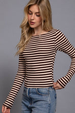 Load image into Gallery viewer, Long Sleeve Boat Neck Stripe Brushed Rib Top: BLK-black/cream / M