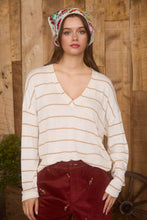 Load image into Gallery viewer, STRIPE V NECK DROP SHOULDER LONG SLEEVE KNIT TOP: CREAM