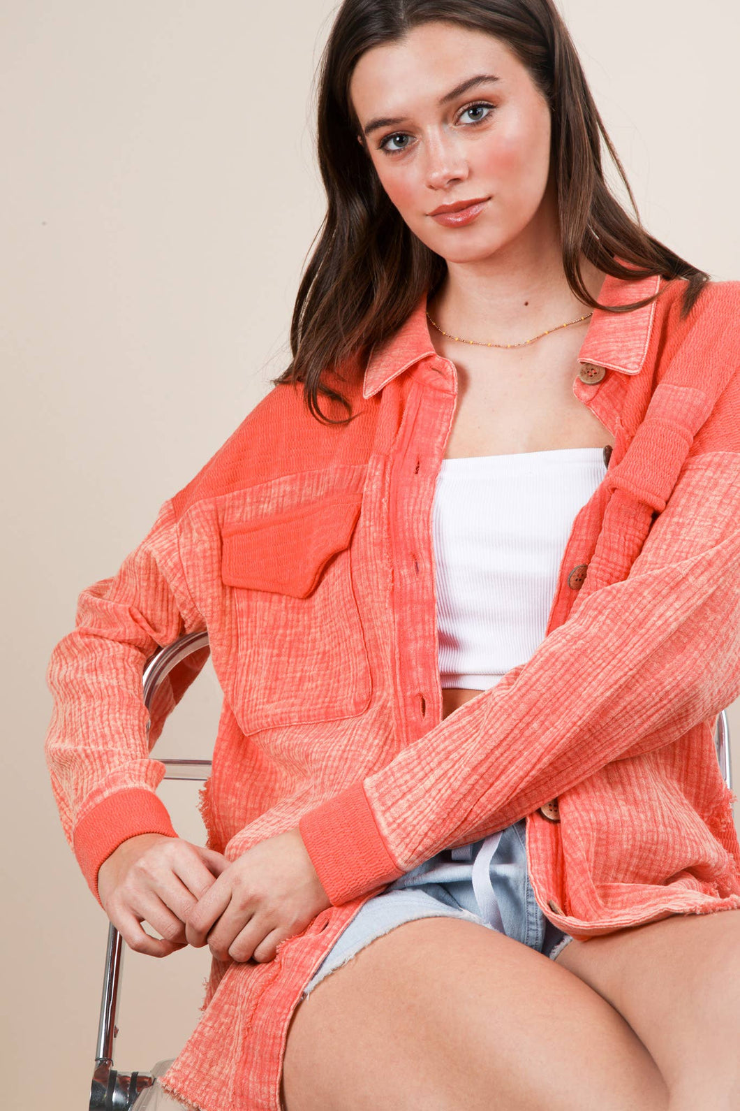 Mineral Washed Oversized Gauze Shacket Jacket: CORAL