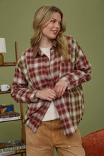 Load image into Gallery viewer, PLAID COLOR BLOCK PATTERN BUTTON DOWN SHIRT: WINE
