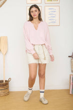 Load image into Gallery viewer, SPLIT NECK RAW EDGE LONG SLEEVE RIBBED KNIT TOP: LIGHT PINK
