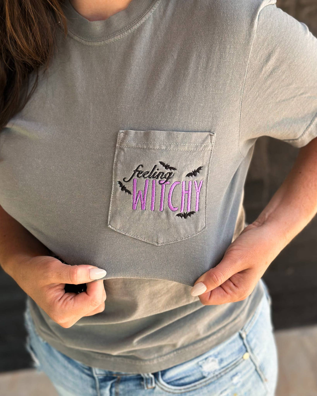 Feeling Witchy Halloween Embroidery Pocket Tee