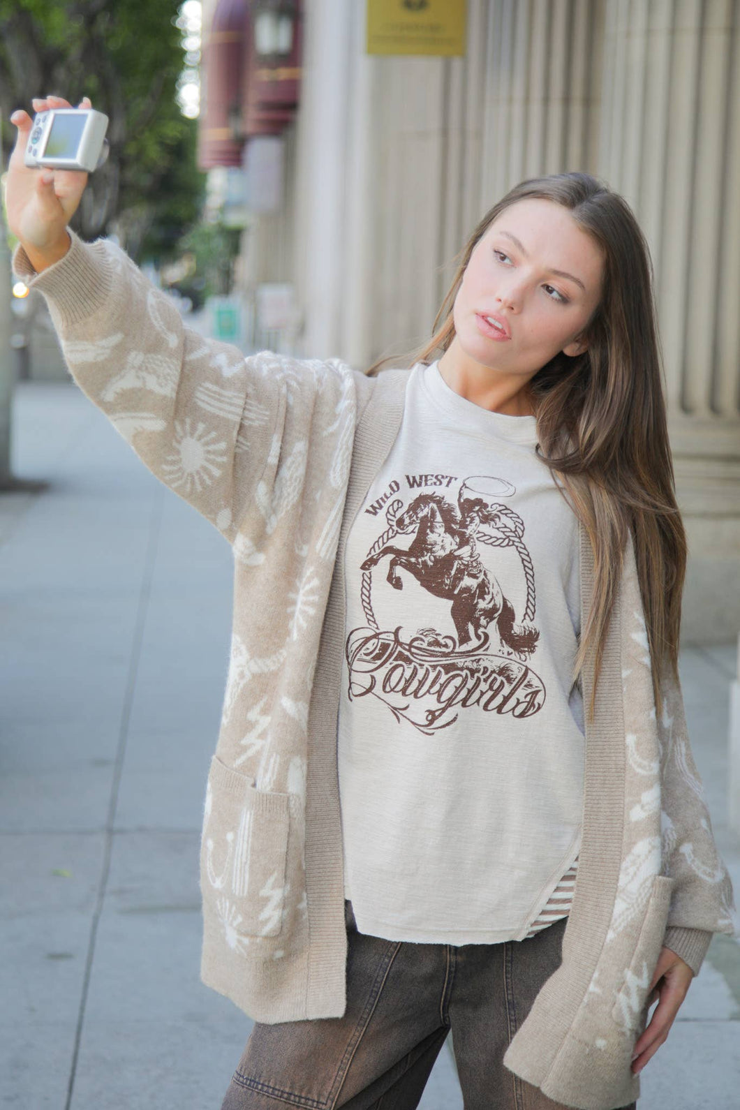 Oversized Mixed Media Western Graphic Knit Top: TAUPE