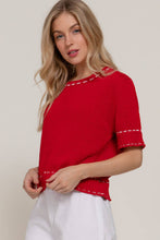 Load image into Gallery viewer, Short Sleeve Round Neck Sweater with Contrast Color Stitch: WHT-white/black / S
