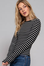 Load image into Gallery viewer, Long Sleeve Crew Neck Yarn Dyed Stripe Knit Top: WHT-WHITE/BLACK / M
