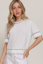 Load image into Gallery viewer, Short Sleeve Round Neck Sweater with Contrast Color Stitch: WHT-white/black / M
