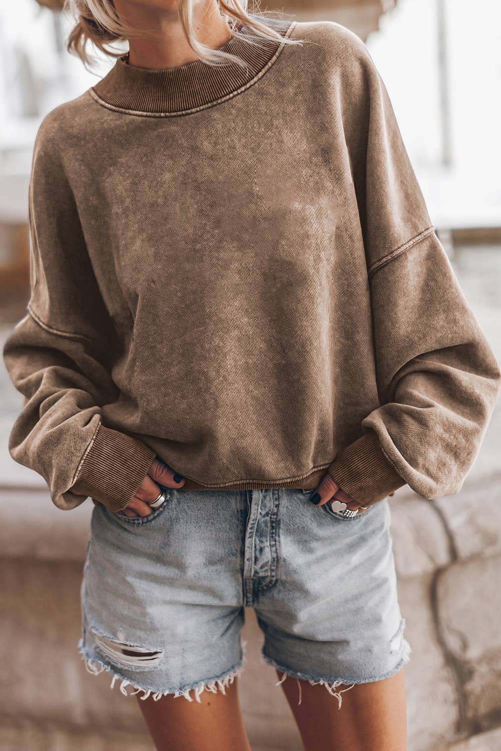 Solid Color Drop Shoulder Crew Neck Pullover Sweatshirt: Brown