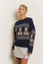 Load image into Gallery viewer, HOLIDAY BEAR MOTIF CREW NECK KNIT SWEATER: NAVY
