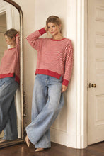 Load image into Gallery viewer, STRIPE EXPOSED SEAM SPLIT HEM LONG SLEEVE KNIT TOP (PRE-ORDER): BLACK
