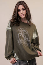 Load image into Gallery viewer, Oversized Mixed Media Western Graphic Knit Top: TAUPE
