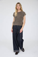 Load image into Gallery viewer, ACID WASHED TAB SLEEVE BACK BUTTON KNIT TOP: INDIGO

