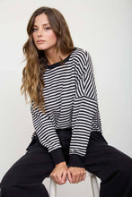 Load image into Gallery viewer, STRIPE EXPOSED SEAM SPLIT HEM LONG SLEEVE KNIT TOP (PRE-ORDER): BLACK
