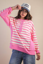 Load image into Gallery viewer, NT12310-Oversized Striped Half Button Down Casual Knit Top: YELLOW/BLUE / S-M-L/2-2-2
