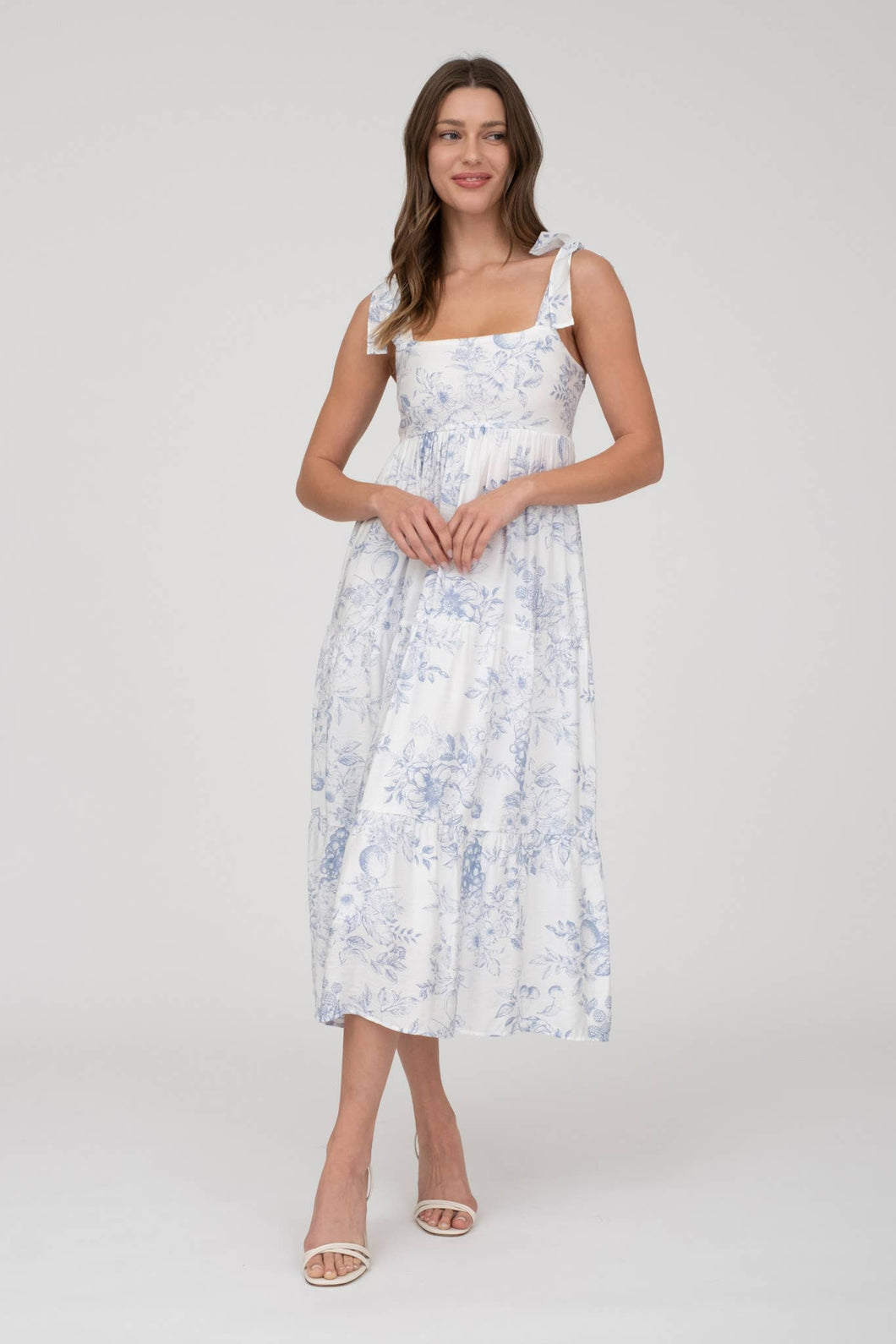 FRUIT BLOSSOM TIERED MIDI DRESS: BLUE