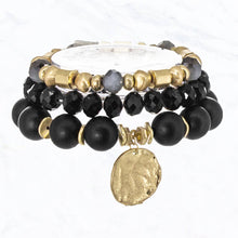 Load image into Gallery viewer, 3 Layered Wood Ball, Glass, Coin Stretch Bracelet: White
